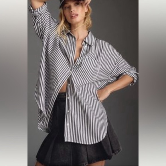 NWT Anthropologie The Bennet Buttondown Shirt by Maeve Anthracite Stripe Sz M - Picture 2 of 12